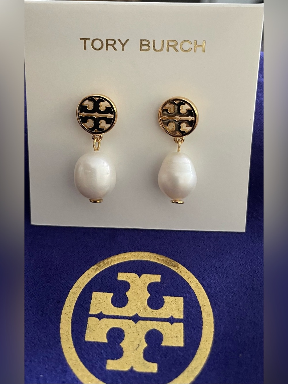 Tory Burch Gold and Black Logo with White Pearl Drop Earrings
